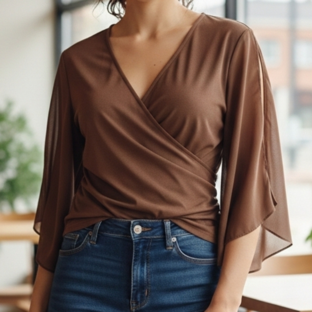 NWOT Grace Karin Chiffon 3/4 Poncho Slit Sleeve Surplice V-Neck BROWN SMALL